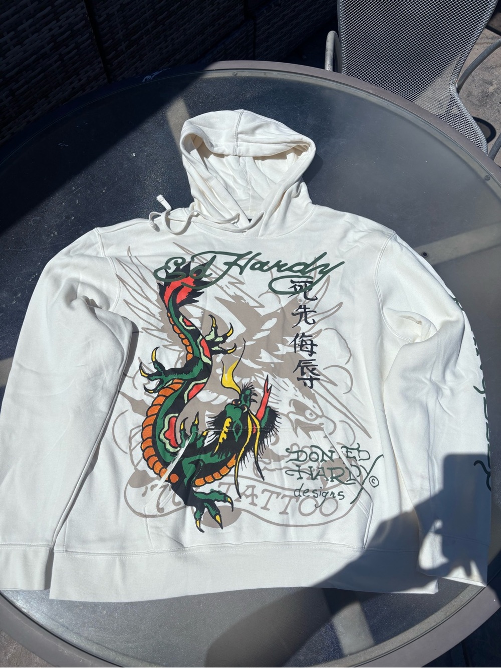 Ed Hardy Men’s Cream Crewneck Sweatshirt with Multicolor Dragon